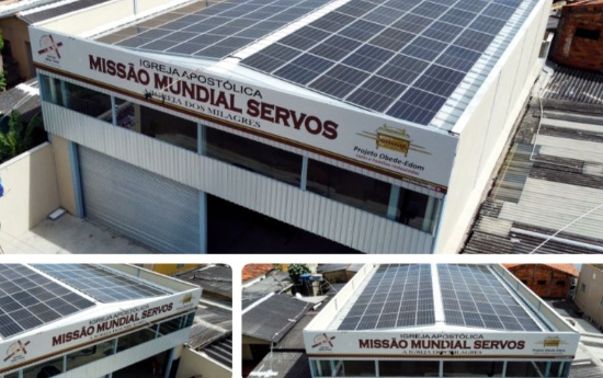 Usina de energia solar instalada no telhado — obra Igreja Missão Mundial Servos
